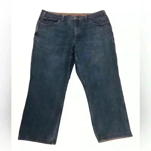 Duluth Trading Co Mens 46x30 Dark Wash Denim Blue Jeans  Bootcut Frayed Hem - Picture 2 of 5